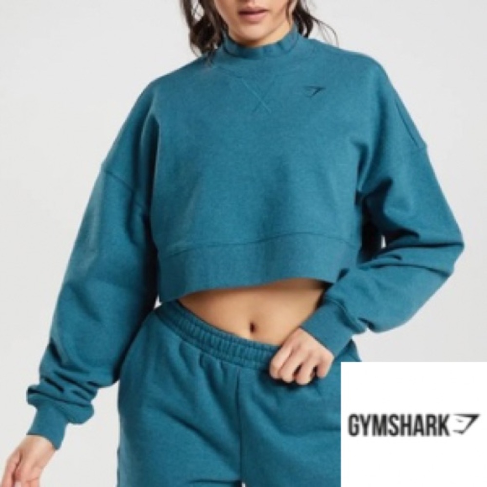 GYMSHARK Rest Day Cropped Pullover Heavyweight Sweater XS - Steel‎ Blue Marl